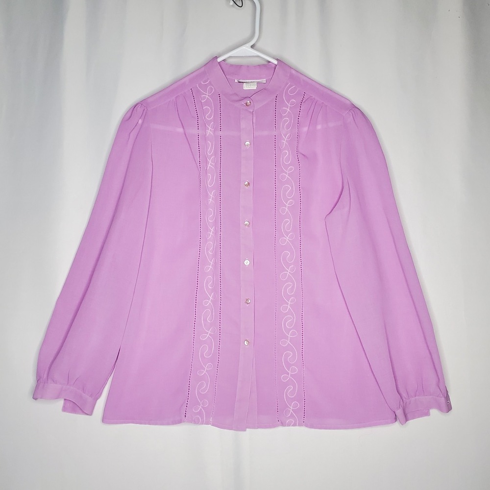 Lloyd Williams Vtg Button Top Women 14 Purple Sheer Feminine Triad Cottagecore